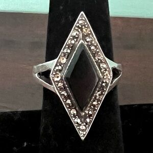 Vintage Art Deco Black Onyx Marcasite Sterling Silver Ring. Antique 925